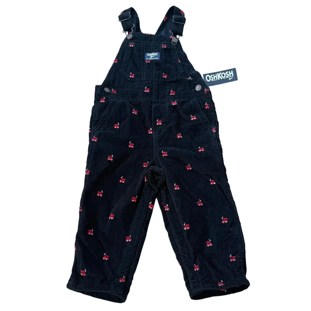 NWT OshKosh Bgosh Vestbak Corduroy Train Embroidered Overalls 24M Black